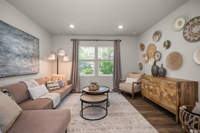 living room featuring dark wood-type flooring