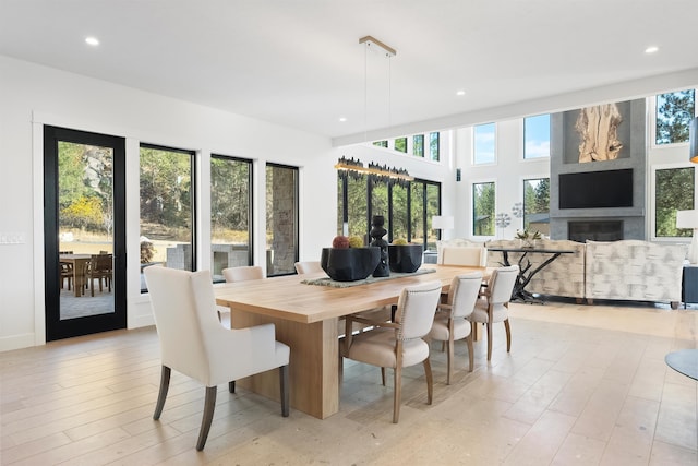 dining room featuring a large fireplace, light hardwood / wood-style flooring, and a healthy amount of sunlight