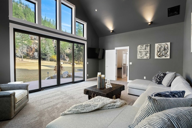 carpeted living room featuring a towering ceiling