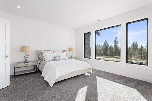 bedroom with dark colored carpet