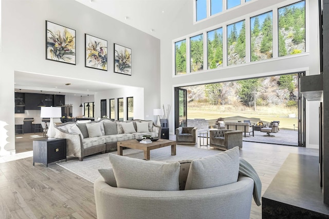 living room featuring a healthy amount of sunlight, light wood-type flooring, and a towering ceiling