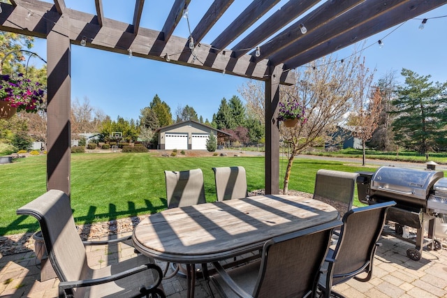 view of patio / terrace featuring area for grilling, an outdoor structure, a garage, and a pergola