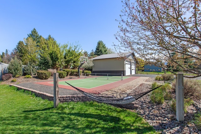 surrounding community with a lawn and tennis court