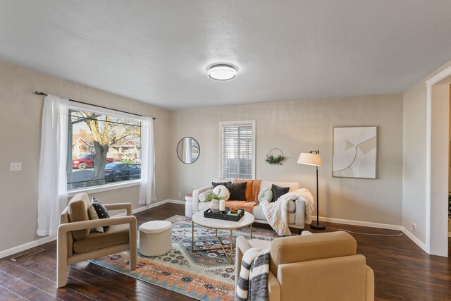 living room featuring a textured ceiling, dark wood-type flooring, and plenty of natural light