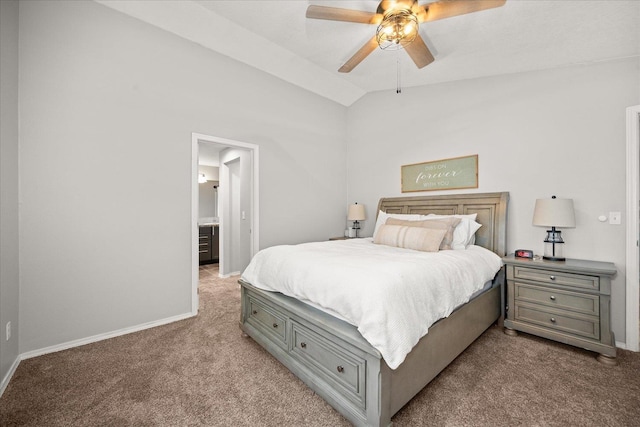 carpeted bedroom featuring ceiling fan and vaulted ceiling