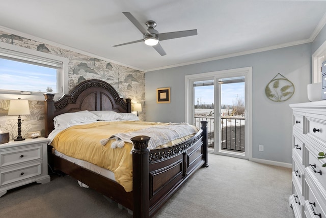 bedroom featuring light carpet, multiple windows, access to exterior, and ceiling fan