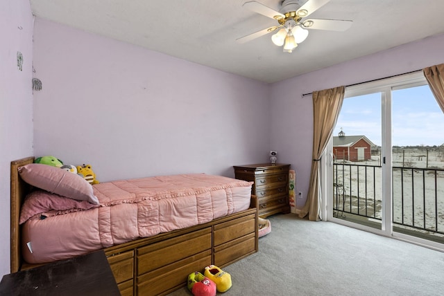 bedroom featuring ceiling fan, light carpet, and access to exterior