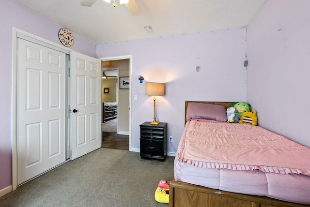 bedroom with carpet floors, ceiling fan, and a closet