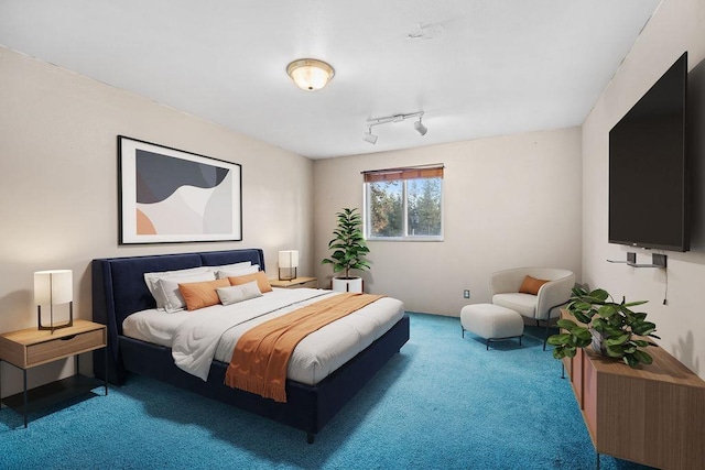 carpeted bedroom featuring track lighting