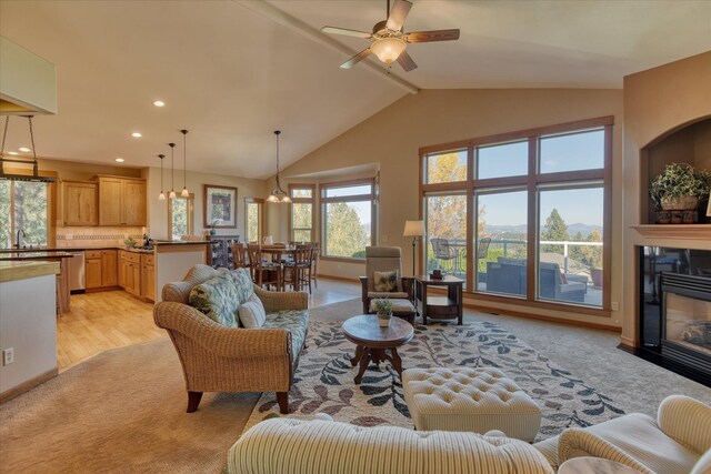 kitchen with decorative light fixtures, appliances with stainless steel finishes, light hardwood / wood-style floors, and lofted ceiling