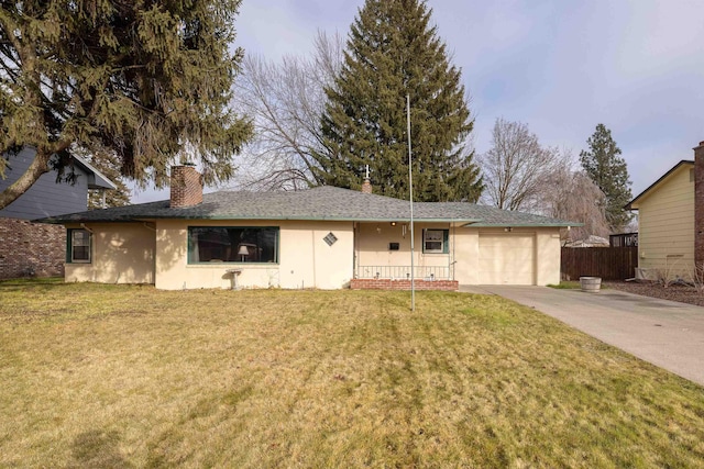 ranch-style home with a porch, a front lawn, and a garage