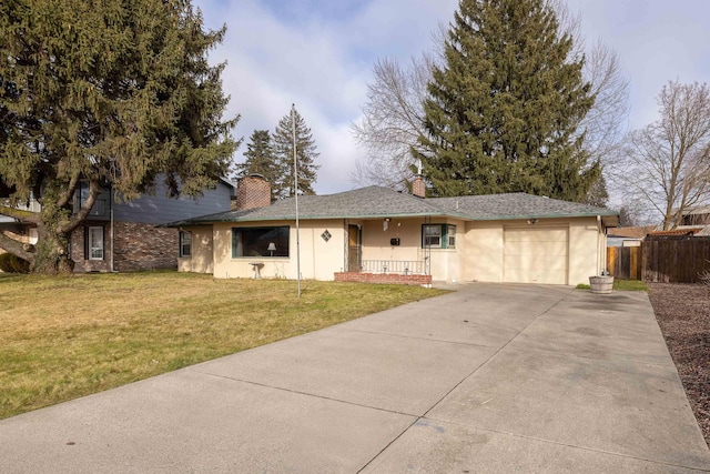 ranch-style house with a porch, a front lawn, and a garage