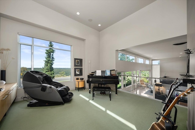 interior space with vaulted ceiling and carpet