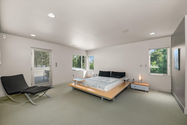 bedroom with access to exterior and light carpet