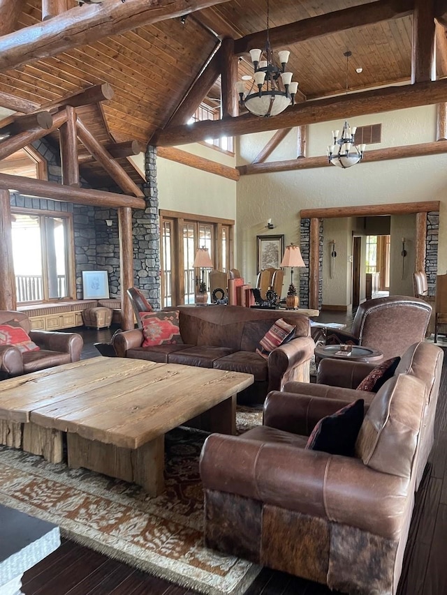 living room featuring an inviting chandelier, wooden ceiling, high vaulted ceiling, and beamed ceiling