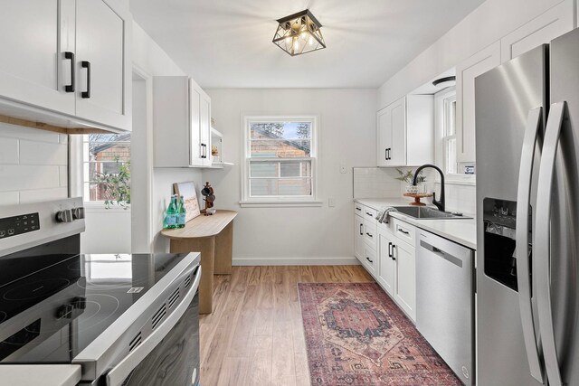 kitchen with sink, stainless steel appliances, white cabinetry, and decorative backsplash