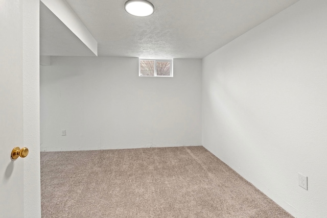 basement featuring a textured ceiling and carpet flooring