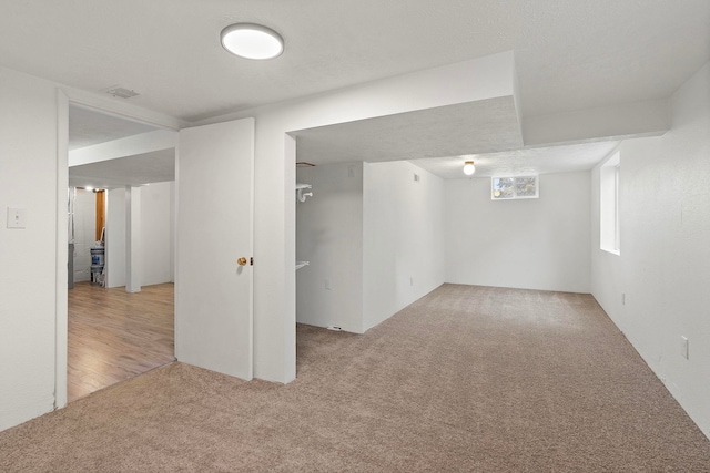 basement featuring light colored carpet