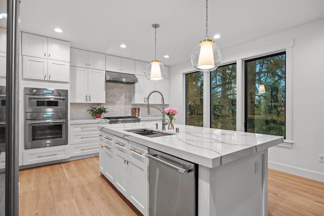 kitchen featuring sink, stainless steel appliances, white cabinetry, ventilation hood, and a kitchen island with sink