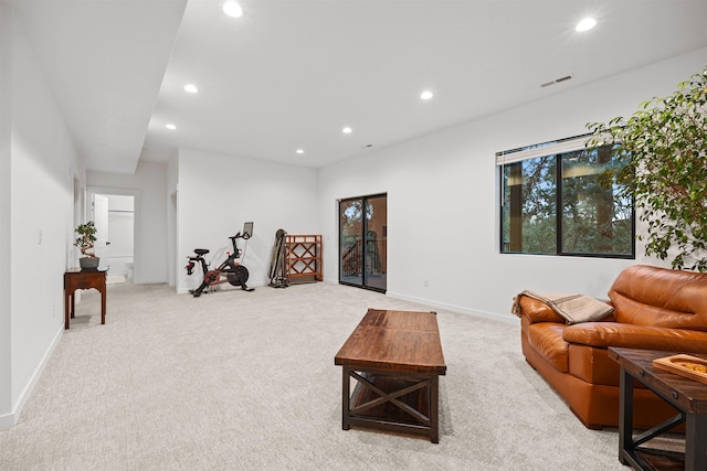 living room featuring light colored carpet