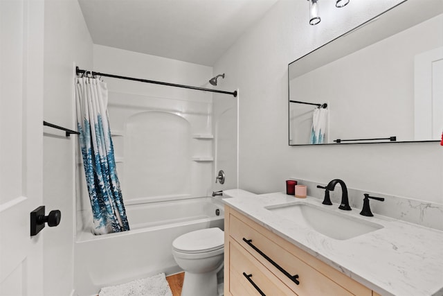 full bathroom with toilet, shower / bath combo, and vanity