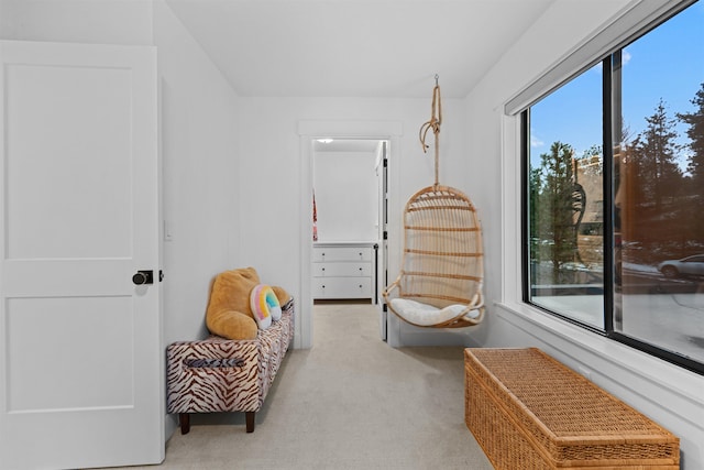 living area with a healthy amount of sunlight and light carpet