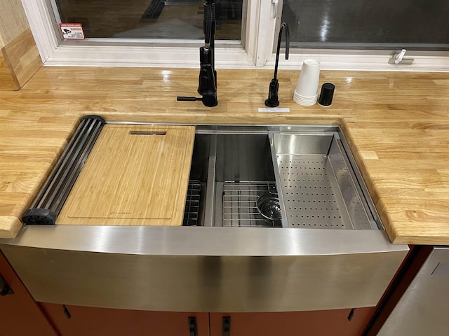 interior details featuring butcher block countertops and sink