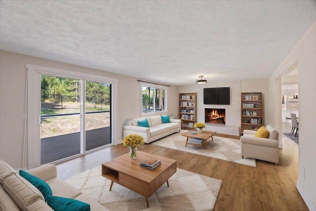 living room featuring a textured ceiling and light hardwood / wood-style flooring