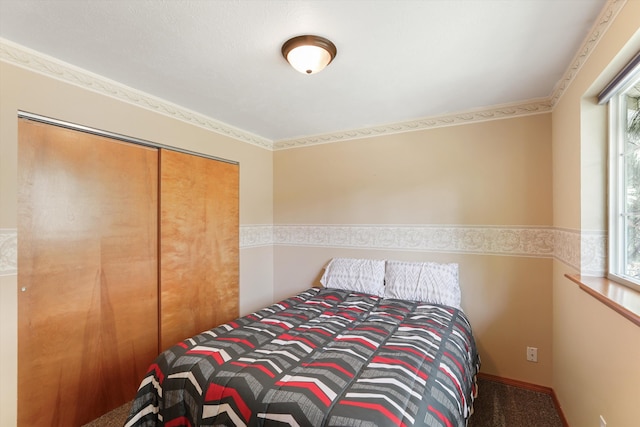 carpeted bedroom with a closet and multiple windows