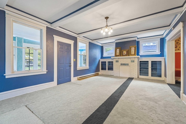 interior space featuring a wealth of natural light, a chandelier, ornamental molding, and a baseboard radiator