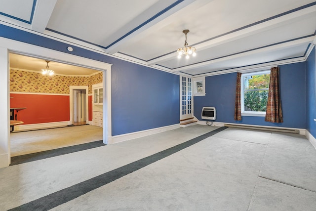 unfurnished room with a baseboard heating unit, heating unit, beamed ceiling, and an inviting chandelier