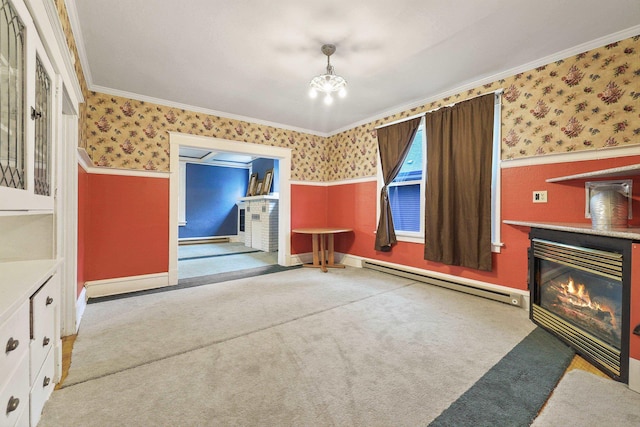 interior space with light colored carpet, a baseboard heating unit, and crown molding