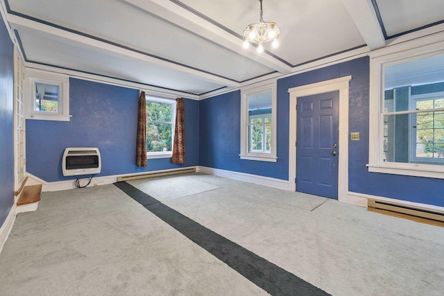 interior space featuring a baseboard heating unit, heating unit, and beam ceiling