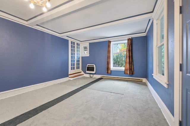 empty room with a baseboard heating unit, heating unit, crown molding, and beamed ceiling