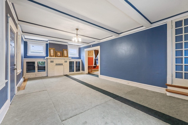 unfurnished living room featuring a chandelier and beamed ceiling