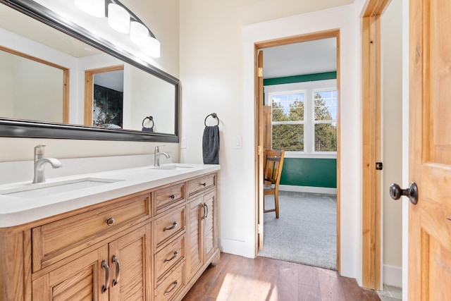 bathroom with wood-type flooring and vanity