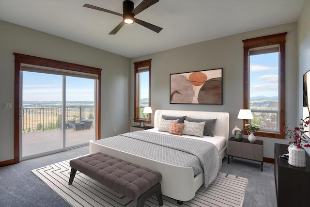 bedroom featuring ceiling fan, carpet flooring, access to outside, and multiple windows