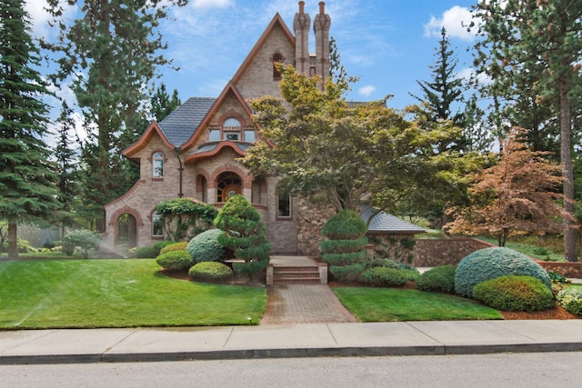 english style home featuring a front lawn