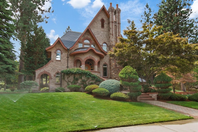 tudor home with a front lawn