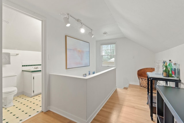 bathroom featuring vaulted ceiling, toilet, and hardwood / wood-style floors