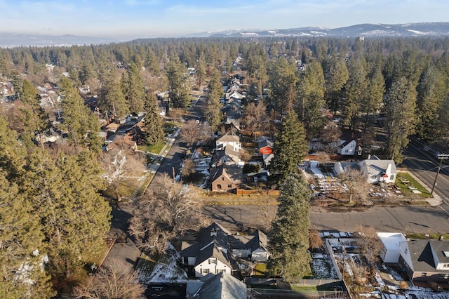 drone / aerial view featuring a mountain view