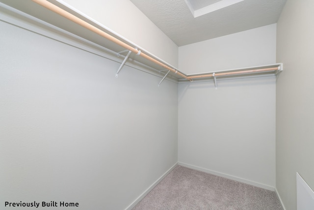 walk in closet with light carpet