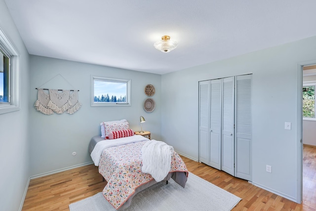 bedroom featuring a closet, light hardwood / wood-style floors, and multiple windows