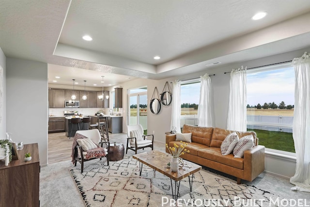 carpeted living room featuring a healthy amount of sunlight, a tray ceiling, and sink