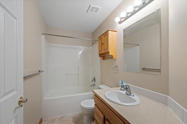 full bathroom with toilet, vanity, tile patterned flooring, and bathing tub / shower combination