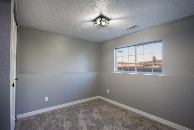 unfurnished room featuring a textured ceiling and carpet flooring