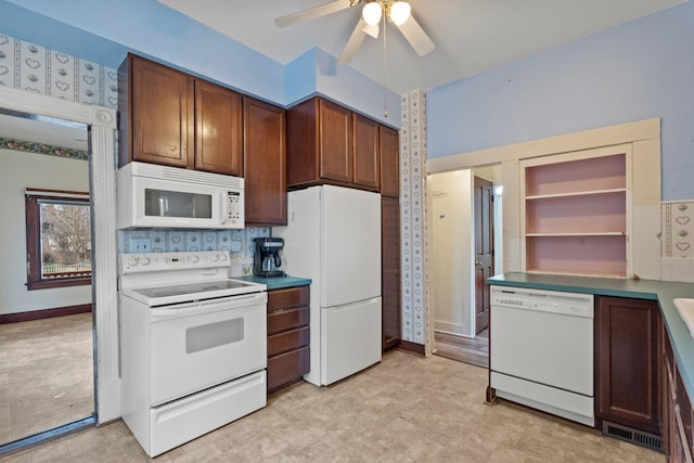 kitchen with ceiling fan and white appliances