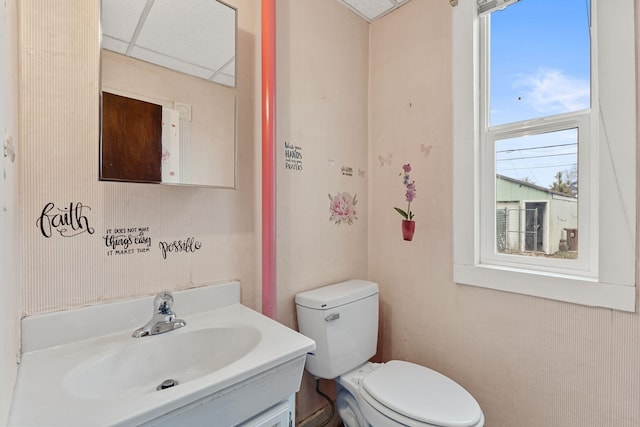 bathroom with plenty of natural light, a drop ceiling, toilet, and vanity