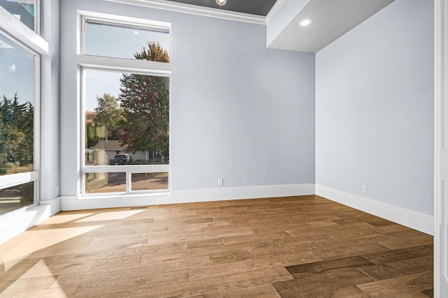 spare room with ornamental molding and hardwood / wood-style floors