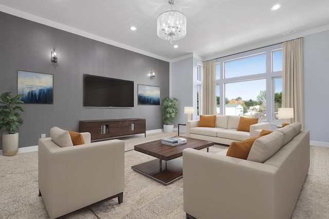 carpeted living room featuring crown molding and a chandelier